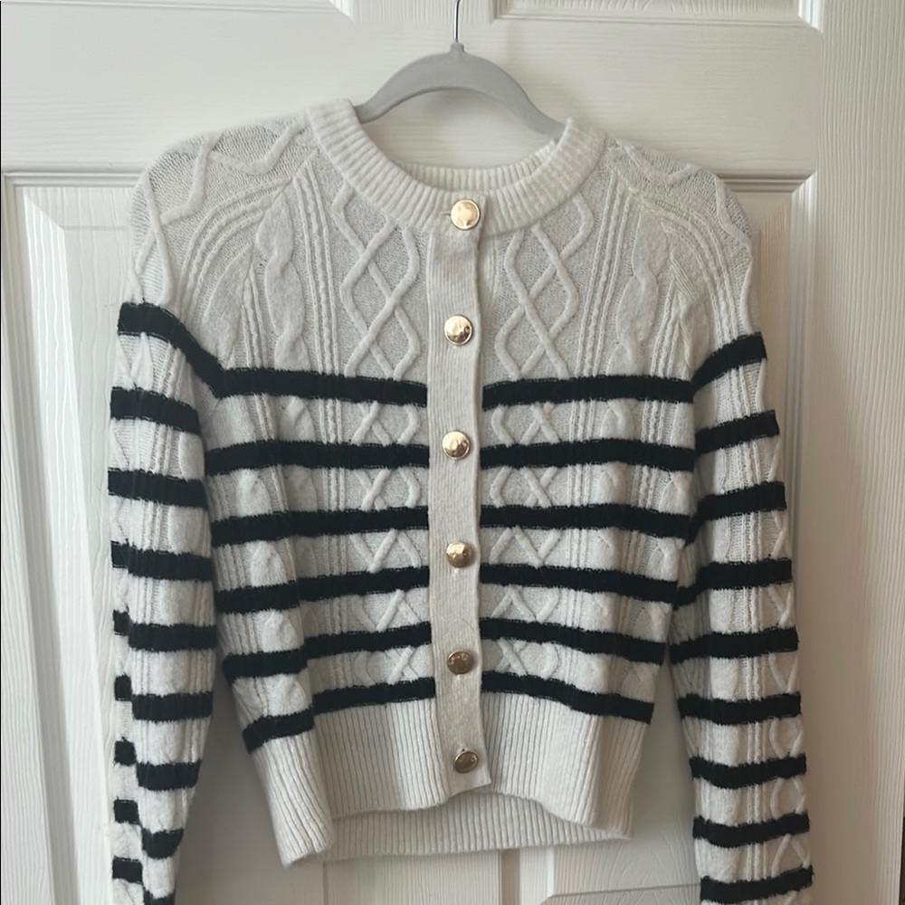 Navy and White Cable Knit Cardigan Sweater